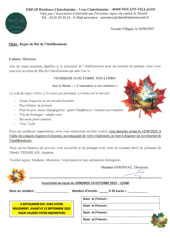 Repas Clairefontaine du 10 octobre 2025!